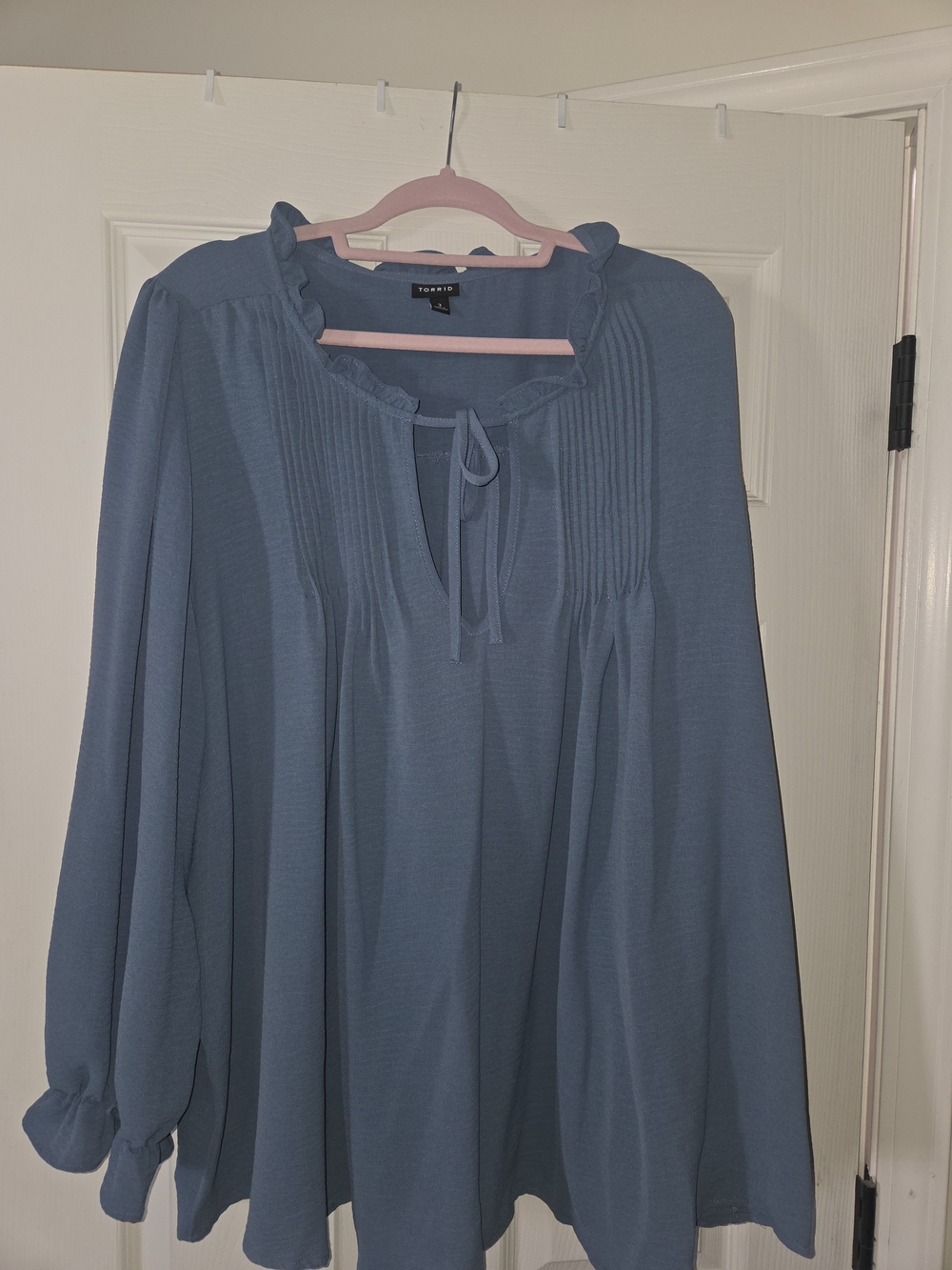torrid Dusty Blue Pintuck Tie-Neck Peasant Blouse